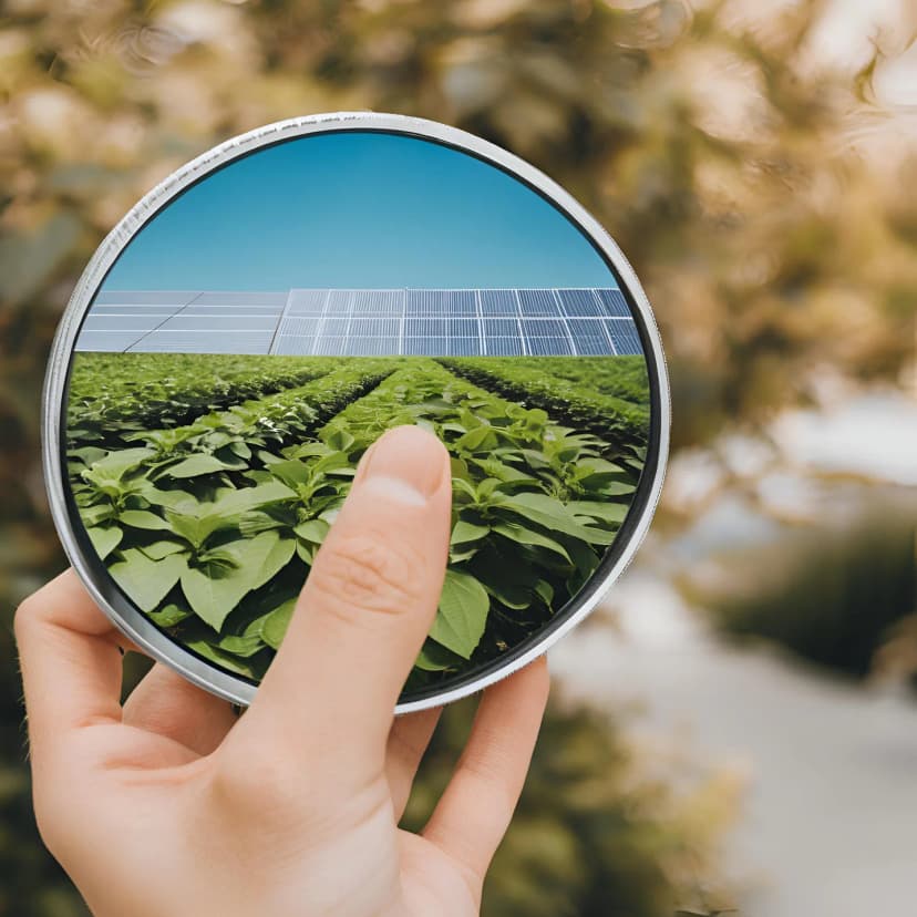 Hand holding a lens revealing sustainable agriculture and solar energy